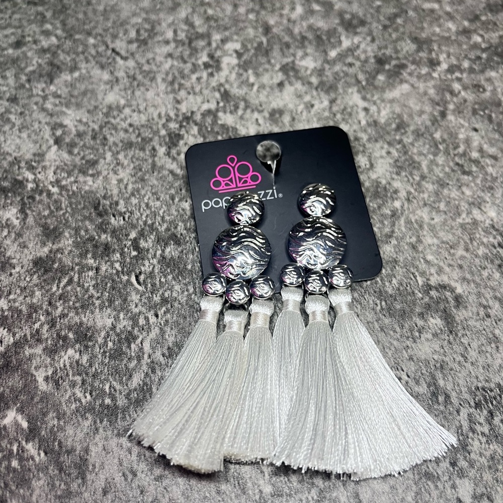 Paparazzi Silver and White Tassel Earrings